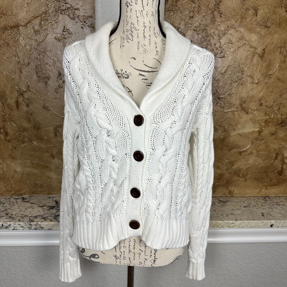 Lands End Cable Knit Sweater Womens XS Button Front Fishermen Cardigan Cowl Neck